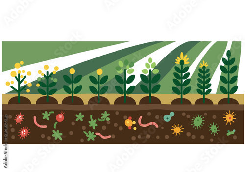 A stylized illustration depicts a 'Health Cover' concept, showcasing a vibrant field of plants with various microorganisms, representing wellness and protection. Clean, modern design.