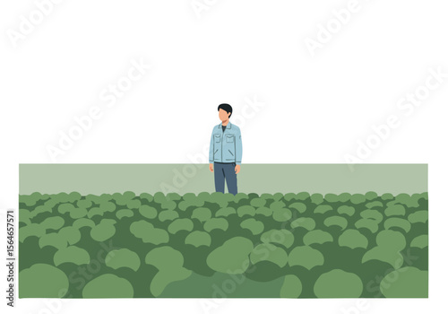 A solitary man stands amidst a vast field of lily pads, creating a striking minimalist composition. The muted color palette and simple design offer a modern, contemplative visual.