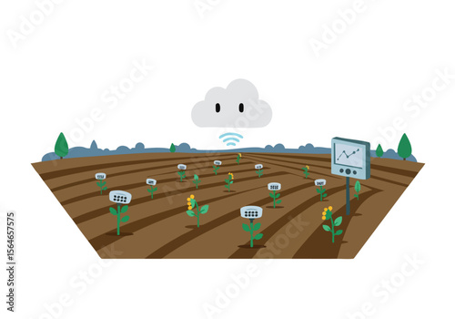 stylized illustration depicts agricultural monitoring with wireless data transmission to a field of flowers A cloud-shaped monitor displays a growth graph showcasing a modern farming concept
