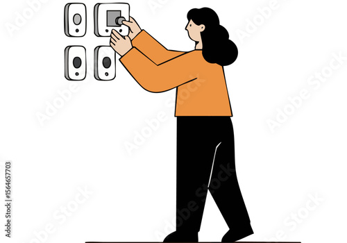 A woman installs data on digital devices, conveying connection and technological advancement. Clean lines and a modern aesthetic create a visually appealing composition.