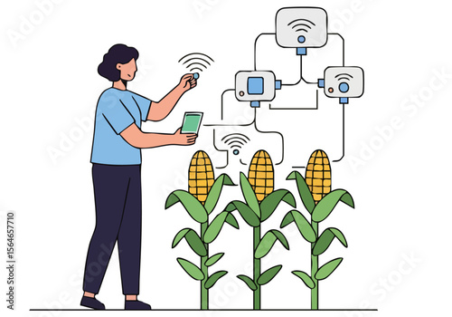 A woman optimizes crop yields using smart technology. Modern illustration showcases sustainable agriculture and digital farming. Clean, bright design.