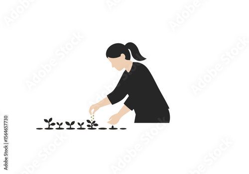 A woman plants seeds, nurturing growth. A simple, hopeful illustration with a focus on potential and new beginnings. Clean, modern design.