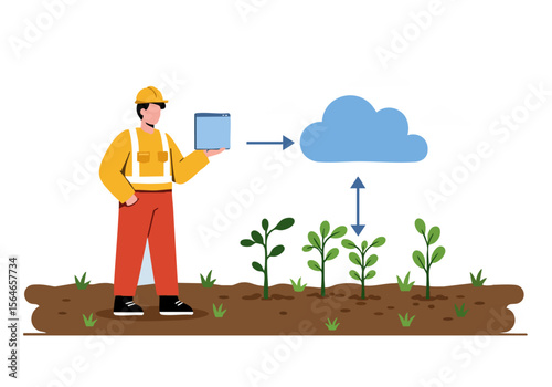 A worker monitors crop health with a tablet, connected to cloud data, showcasing efficient farm management. Modern, digital agriculture concept.