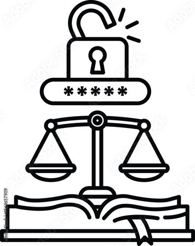 A black and white image of a lock and scales with a book in the background