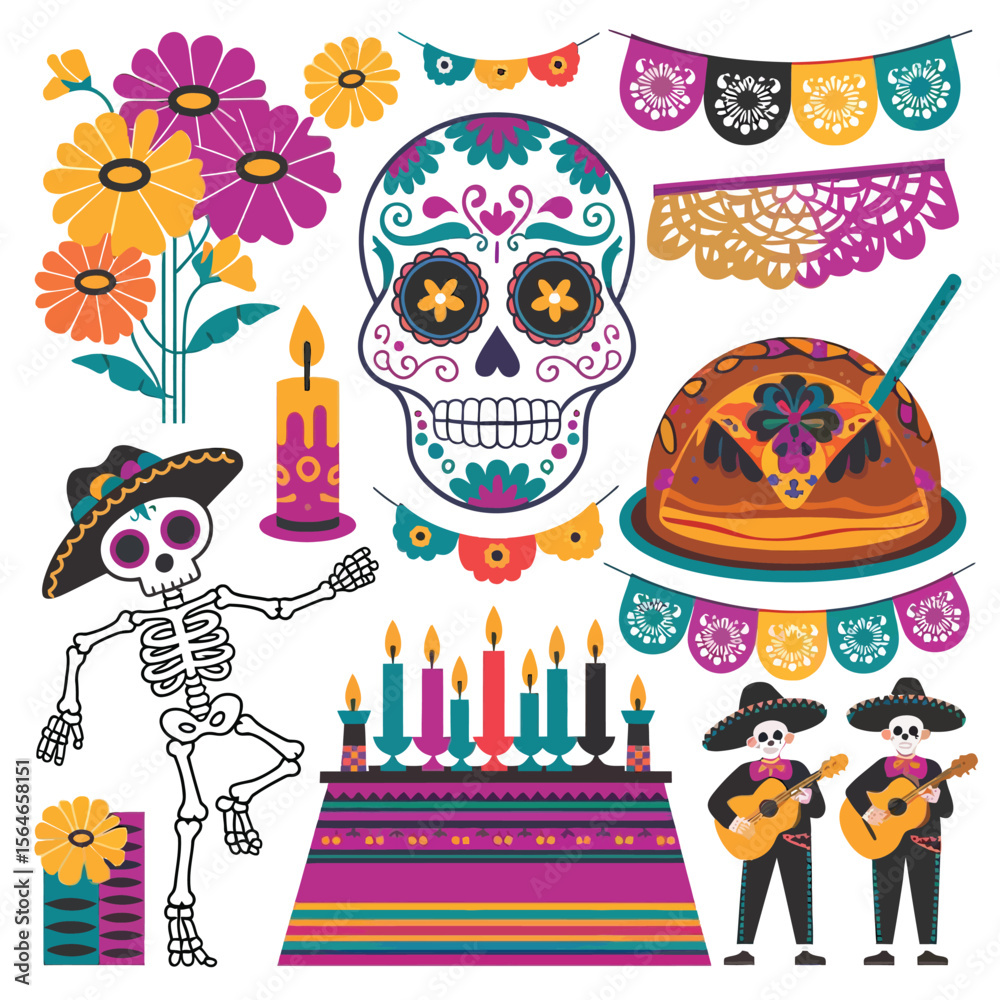 Fototapeta premium 2d vector Mexico festival Day of the Dead Culture and traditions decorations a skull, candle. 