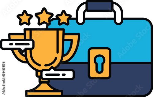 A golden trophy sits on a desk next to a blue briefcase