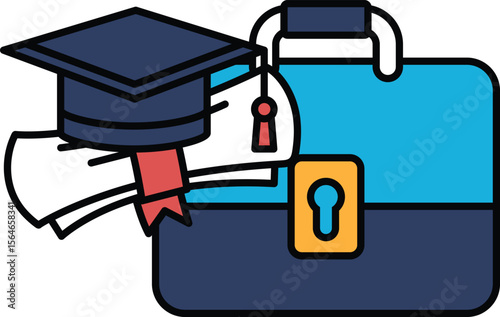 A blue briefcase with a red ribbon on it and a black cap on top of it