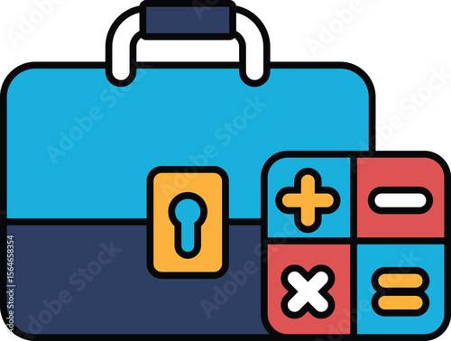 A blue briefcase with a lock and a calculator inside