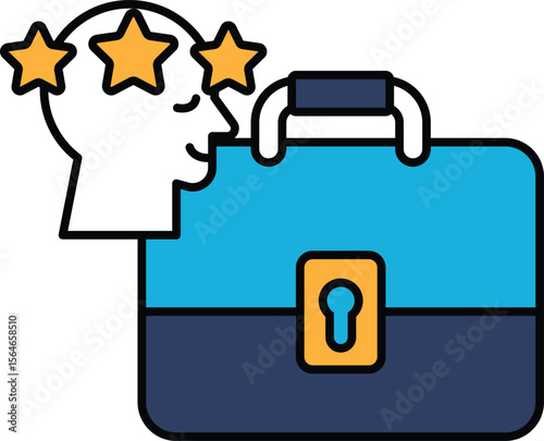 A blue briefcase with a man's head on it and stars surrounding it