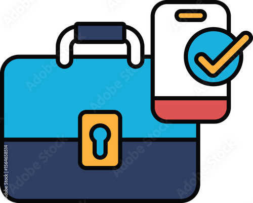 A blue briefcase with a key and a phone on top of it