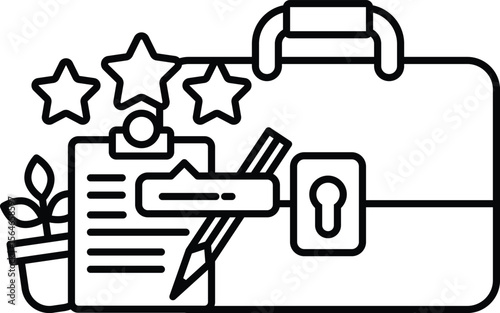 A black and white drawing of a briefcase with a pen and a piece of paper