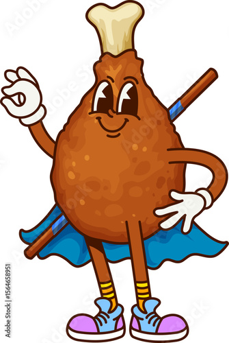 Cartoon groovy chicken drumstick fast food character wearing superhero cape and holding katana on back. Vector funky bbq fastfood meat personage with funny smiling face, sneakers and y2k vintage vibe
