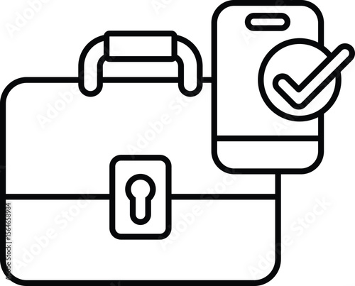 A black and white image of a briefcase with a phone and a check mark on it