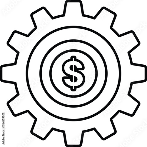 A black and white image of a gear with a dollar sign in the middle