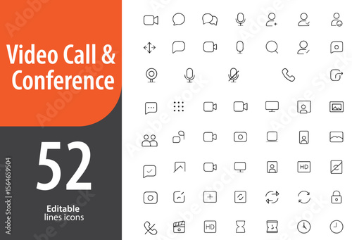 Video Call and Conference Line Icons, Webcam, Microphone, Group Chat, Screen Share, Mute Button, Editable Formats: AI, EPS, PNG, Ideal for Both Digital and Print Use
