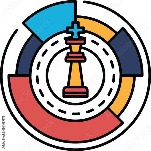 A chess piece is on a round background with a red and blue circle