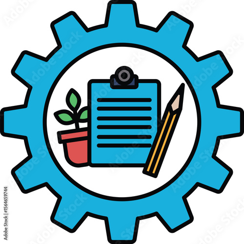 A blue wheel with a pencil and a piece of paper on it