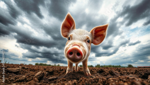 Wallpaper Mural Low-angle close-up of a curious piglet standing on freshly tilled soil under a dramatic cloudy sky, capturing a playful and natural moment in a farm setting. Torontodigital.ca