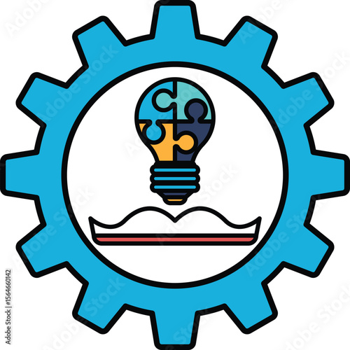 A blue and white logo with a light bulb and a book