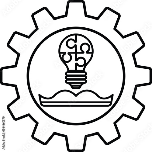A black and white image of a light bulb with a puzzle piece on it