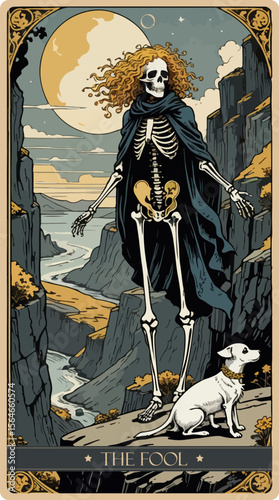 A watercolor skeleton Tarot card 'The Fool'.Major arcana set part . Vector hand drawn engraved style. Occult and alchemy symbolism.