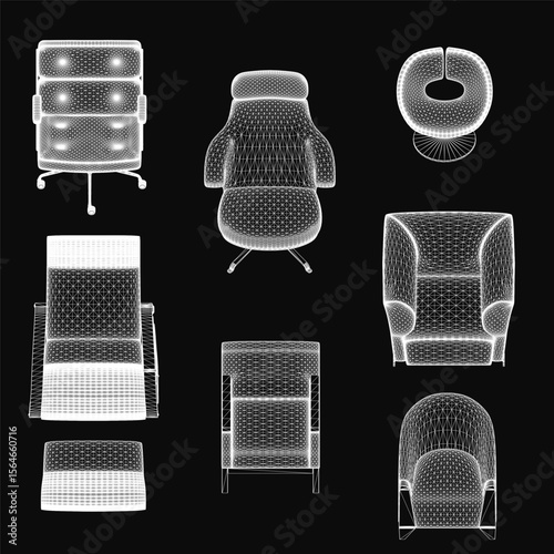 Four unique chairs arranged symmetrically on a black background, each with distinct shapes and sizes. Light to dark color variations, some featuring curved backrests and armrests.