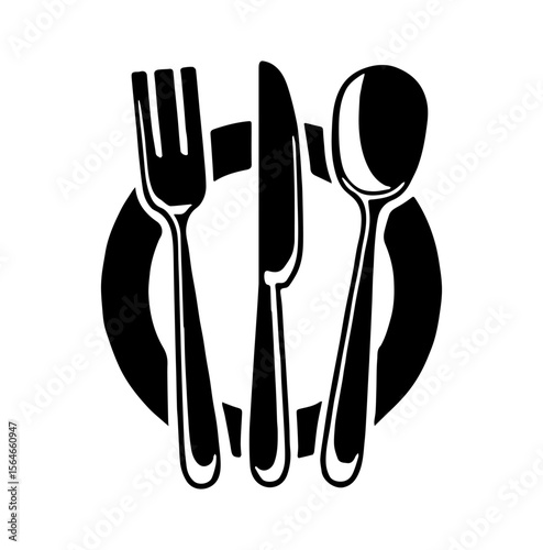 Clean plate icon exhibits fork  knife  and spoon in a black silhouette