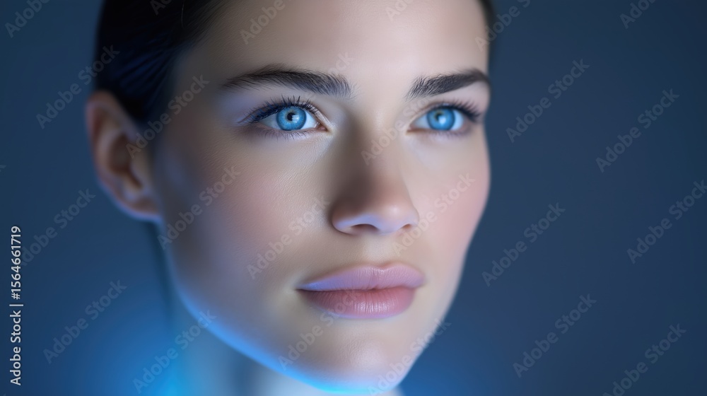 Fototapeta premium Close-up of a woman with striking blue eyes and soft lighting.