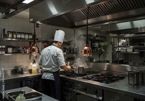Professional chefs prepare a delicious meal in a bustling restaurant kitchen, smiling as they work with pans and pots on the stove