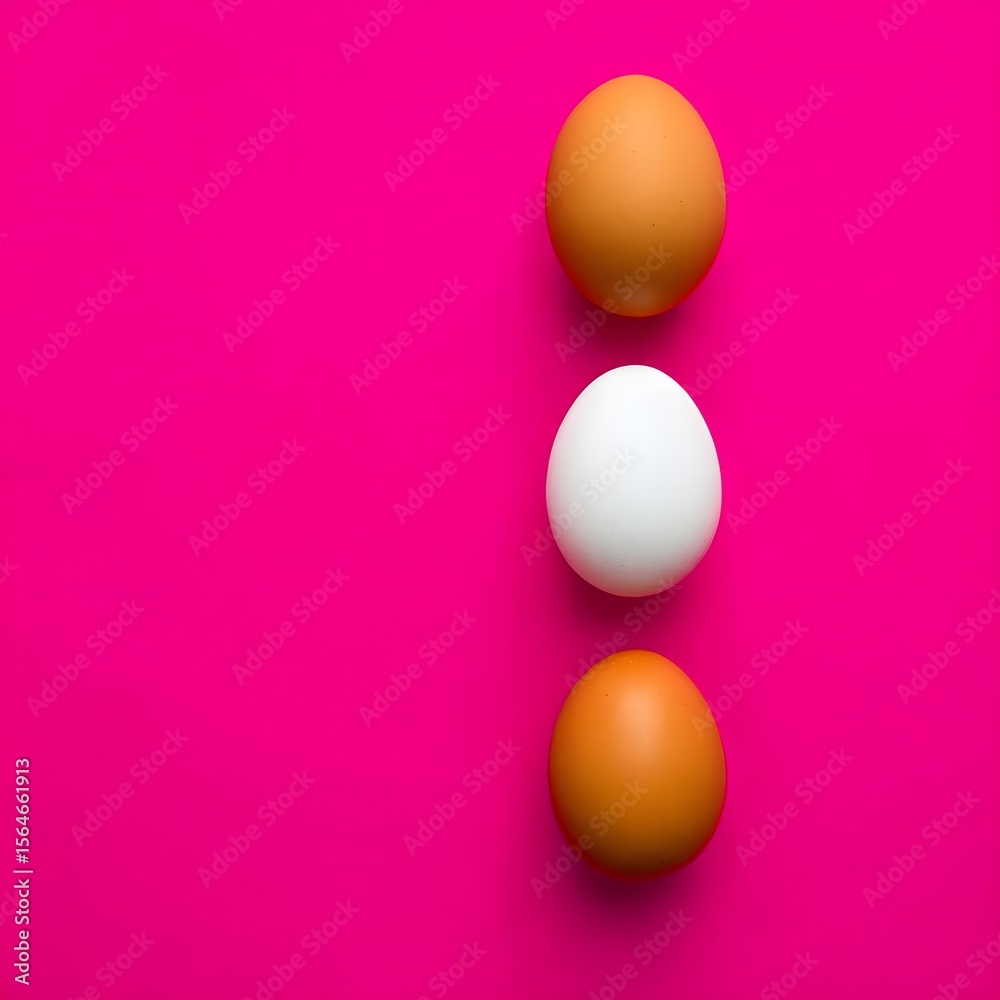 Fototapeta premium Eggs on pink background, easter eggs, chicken eggs, brown eggs, white egg, food photography