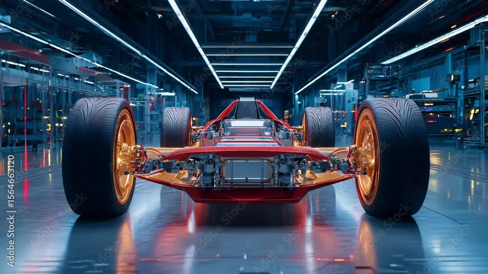 Racing car chassis is being examined in a high tech manufacturing facility with bright lighting and modern equipment