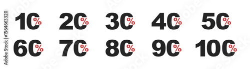 Set of collection of discount numbers. Shopping discount numbers with 10, 20, 30, 40, 50, 60, 70, 80, 90, 100 percent off. 