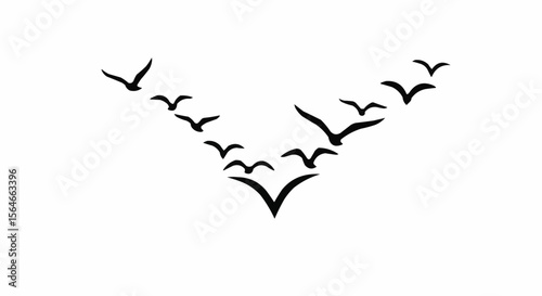 Bird Flock Flying in V Formation Silhouette on White Background, Migrating Birds Vector Illustration