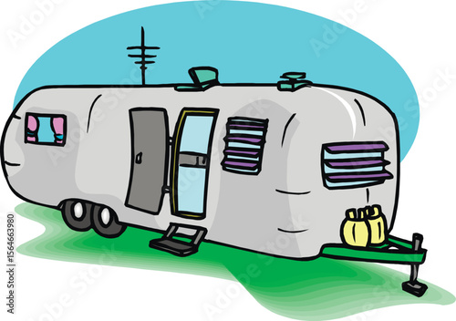 RV, travel trailer, camper, motor home, line art, black and white, illustration, recreational vehicle, fifth wheel, van camper, vintage17