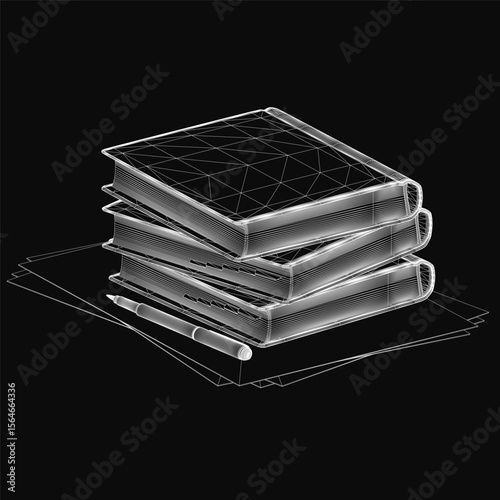 A neat stack of books with a pen placed on top, set against a black background in monochrome. The arrangement suggests readiness for reading or studying, with a timeless and classic aesthetic.