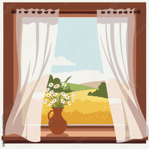 Open Window with Curtains and Wildflowers in Vase, Flat Vector Scene