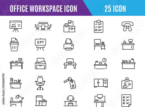 Office Workspace Icons. Home office essential objects icon set, workspace, productivity,  meeting desk,computer,  standing desk,ergonomic chair, Minimalist office icon set for modern workspace design.