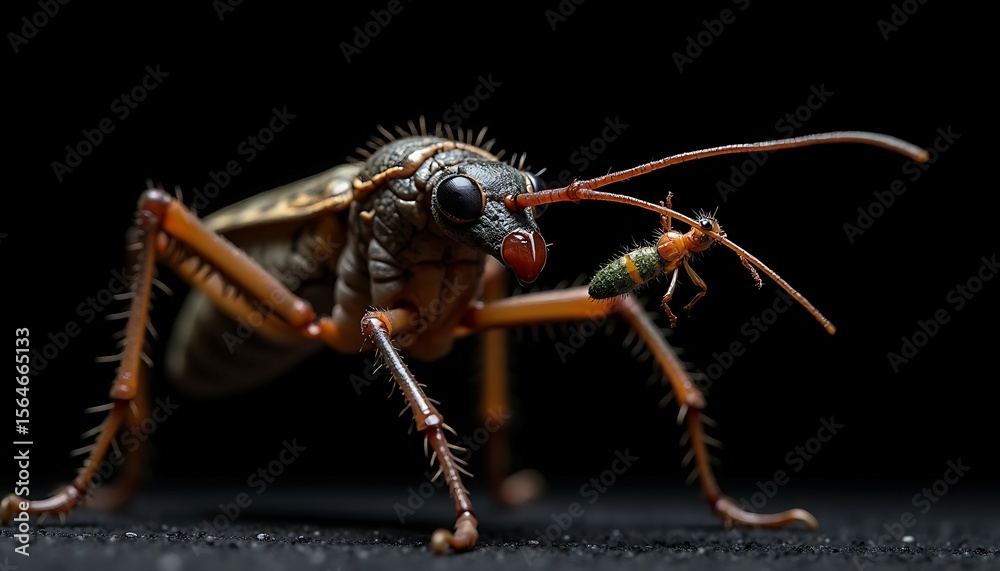 Fototapeta premium Macro Shot of a Stinkbug and Small Bug on Dark Background