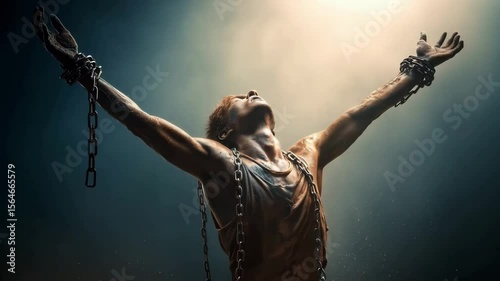 A muscular man stands in powerful lighting, breaking free from chains, symbolizing strength and resilience in a compelling display