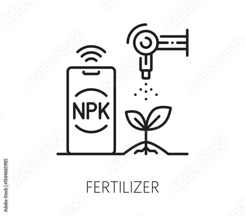 Robot smart farm icon of agriculture fertilizer for farming digital technology, vector line symbol. Smart farm icon of robotic fertilizing or seeds and plants crop for farmer and agrarian automation