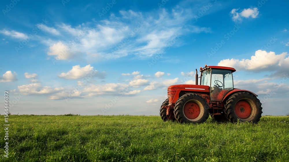 Naklejka premium Crimson Tractor Standing Tall in a Vibrant Green Meadow Under a Blue Sky