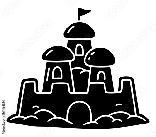 Sandcastle silhouette with a flag, cartoon silhouette summer beach element.
