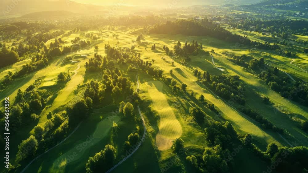 Golf course aerial view green landscape sunlight trees fairway nature outdoor grass summer peaceful scenery rolling hills recreation countryside parkland open space terrain daylight field lawn