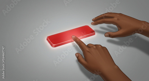 Hands touching illuminated red button on grey background  