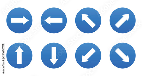 Eight blue round navigation signs with direction arrows pointing different directions including right, left, up, down, and diagonally are displayed on a white background.