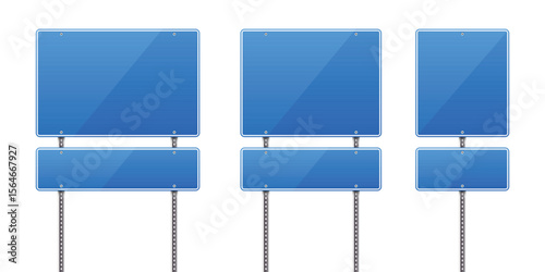 Three blank blue road signs are on display against a stark white background. Each features a larger sign above a smaller one. They are mounted on metal poles. 
