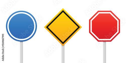 This image shows three different traffic signs: a blue circle, a yellow diamond, and a red octagon, each set against a plain white background on a post.