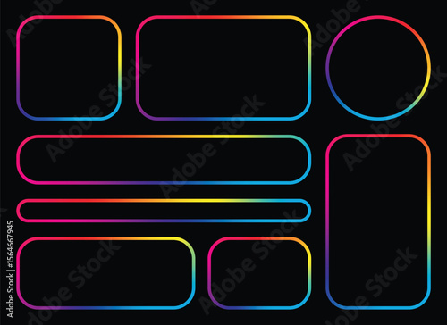 A collection of geometric shapes like squares, rectangles, and circles are brightly outlined in rainbow gradient colors against a dark black background. The shapes have rounded corners.