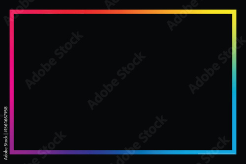 A vividly colored rectangular frame with a gradient spectrum runs along the edge of a black backdrop, creating a striking contrast. An abstract design element.