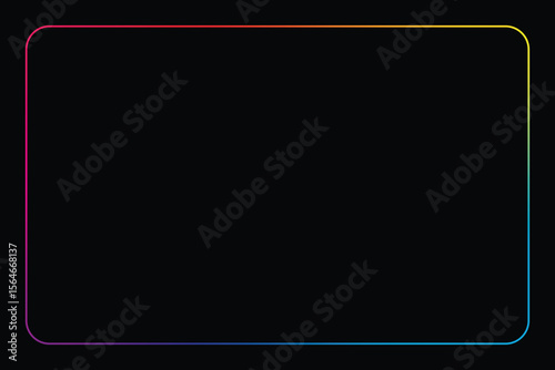 This image showcases a glowing rectangular border, its rainbow colors sharply contrasting against the deep black background. The frame features rounded corners, giving a sleek modern look.